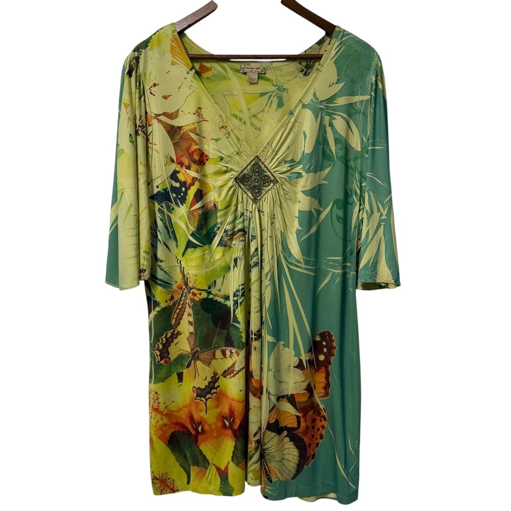 Energe World Wear Tunic Top Women Plus Size 3X Butterfly Floral Beaded Boho AOP